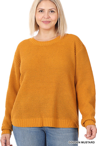 2889- Golden Mustard Waffle Scoop Hem Sweater