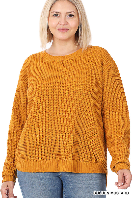 2889- Golden Mustard Waffle Scoop Hem Sweater