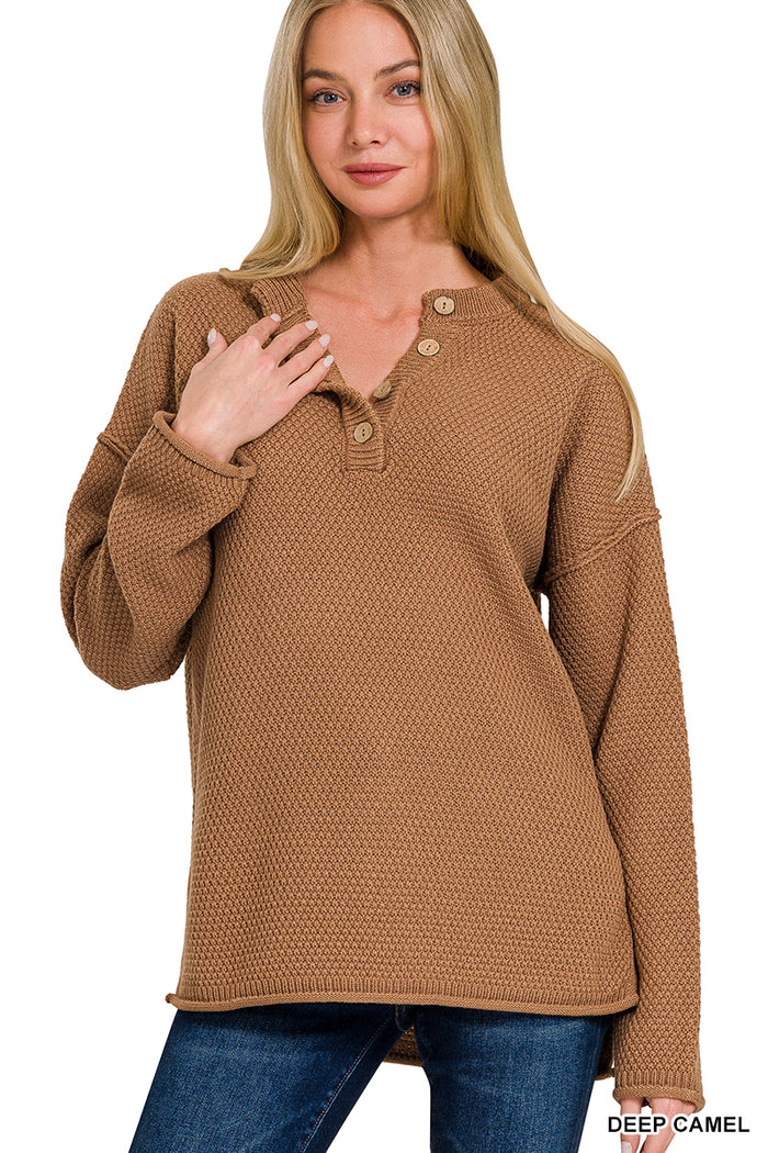 2895- Deep Camel Waffle Scoop Hem Shirt w/ Buttons