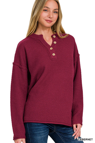 2892- Cabernet Waffle Scoop Hem Shirt w/ Buttons
