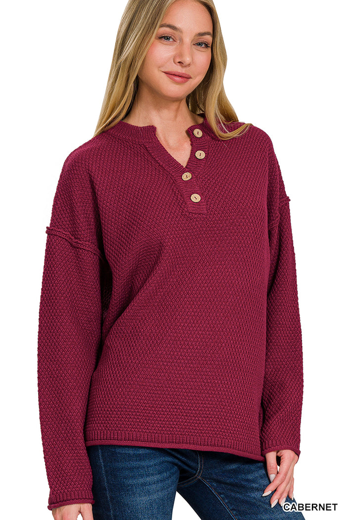 2892- Cabernet Waffle Scoop Hem Shirt w/ Buttons