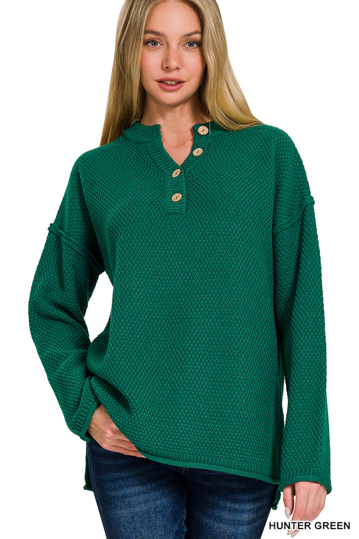 2893- Hunter Green Waffle Scoop Hem Shirt w/ Buttons