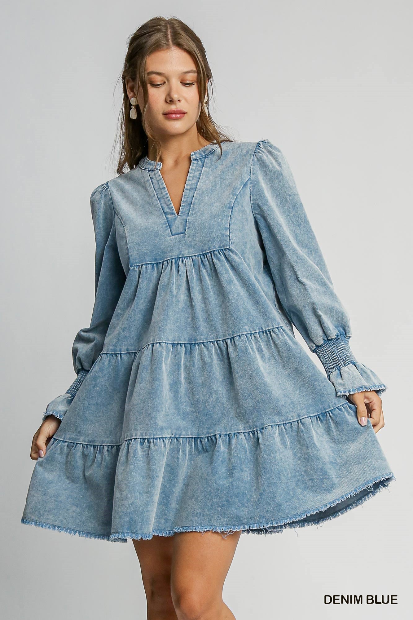 3257- Denim Blue Stone Washed V-Neck Dress w/ Cuffed Wrist