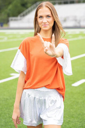 3280- Orange Short Sleeve Top w/ White Sequence Sleeve Detail *TN COLLECTION*