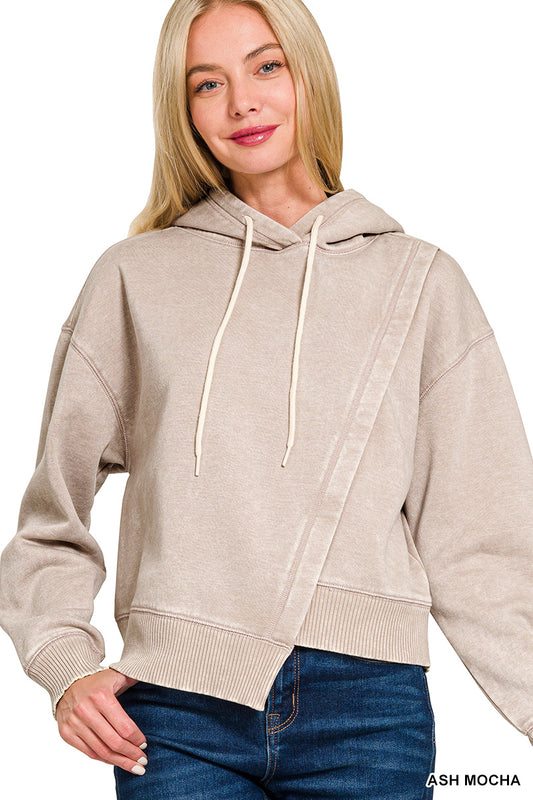 3356- Ash Mocha Asymmetrical Acid Wash Fleece Hoodie