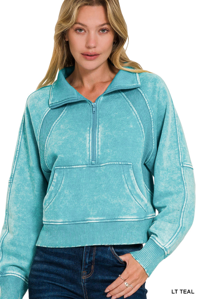 3362- Light Teal 1/2 Zip Acid Wash Fleece Pullover