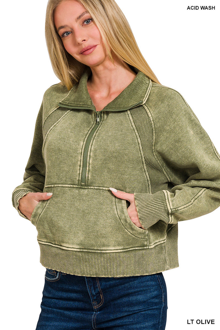 3361- Light Olive 1/2 Zip Acid Wash Fleece Pullover