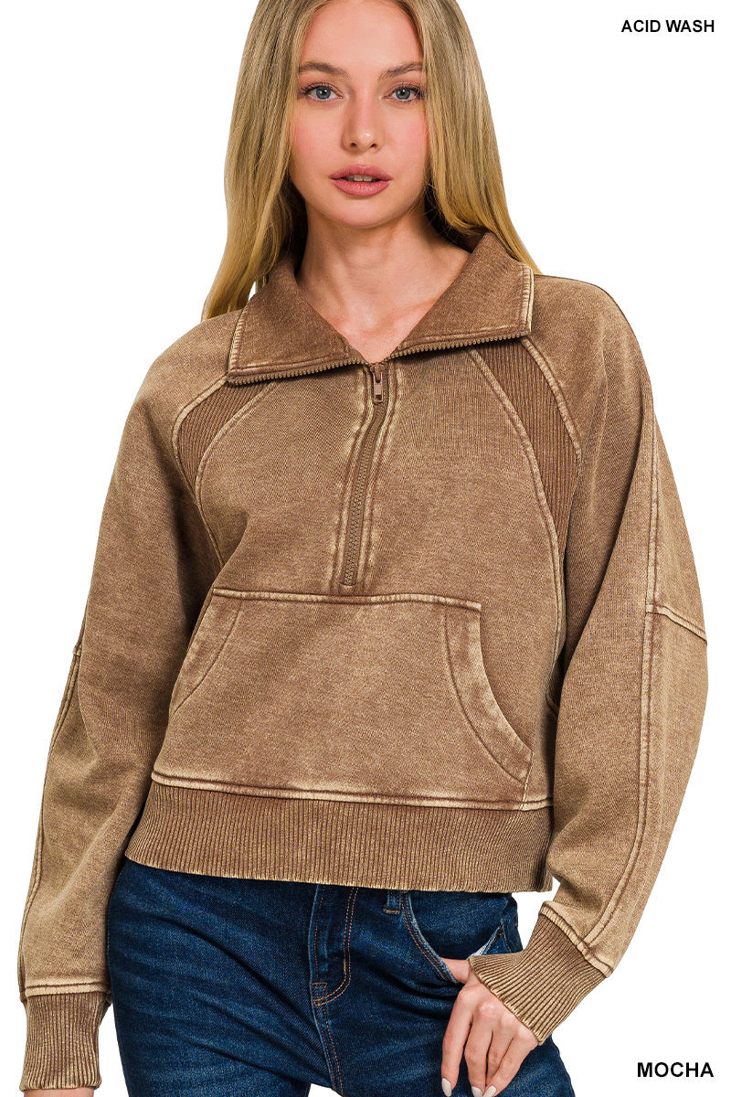 3363- Mocha 1/2 Zip Acid Wash Fleece Pullover