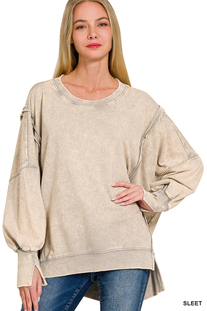 3373- Sleet French Acid Wash Terry Oversized Top w/ Exposed Seam Detail