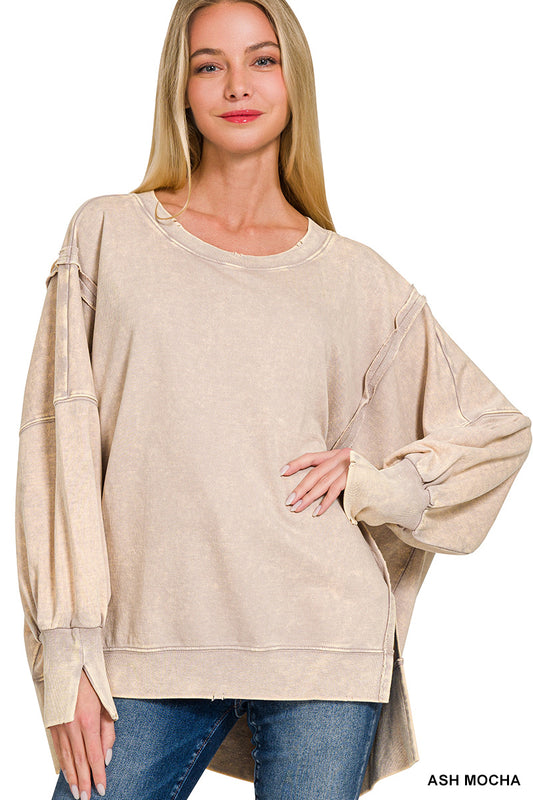 3371- Ash Mocha French Acid Wash Terry Oversized Top w/ Exposed Seam Detail