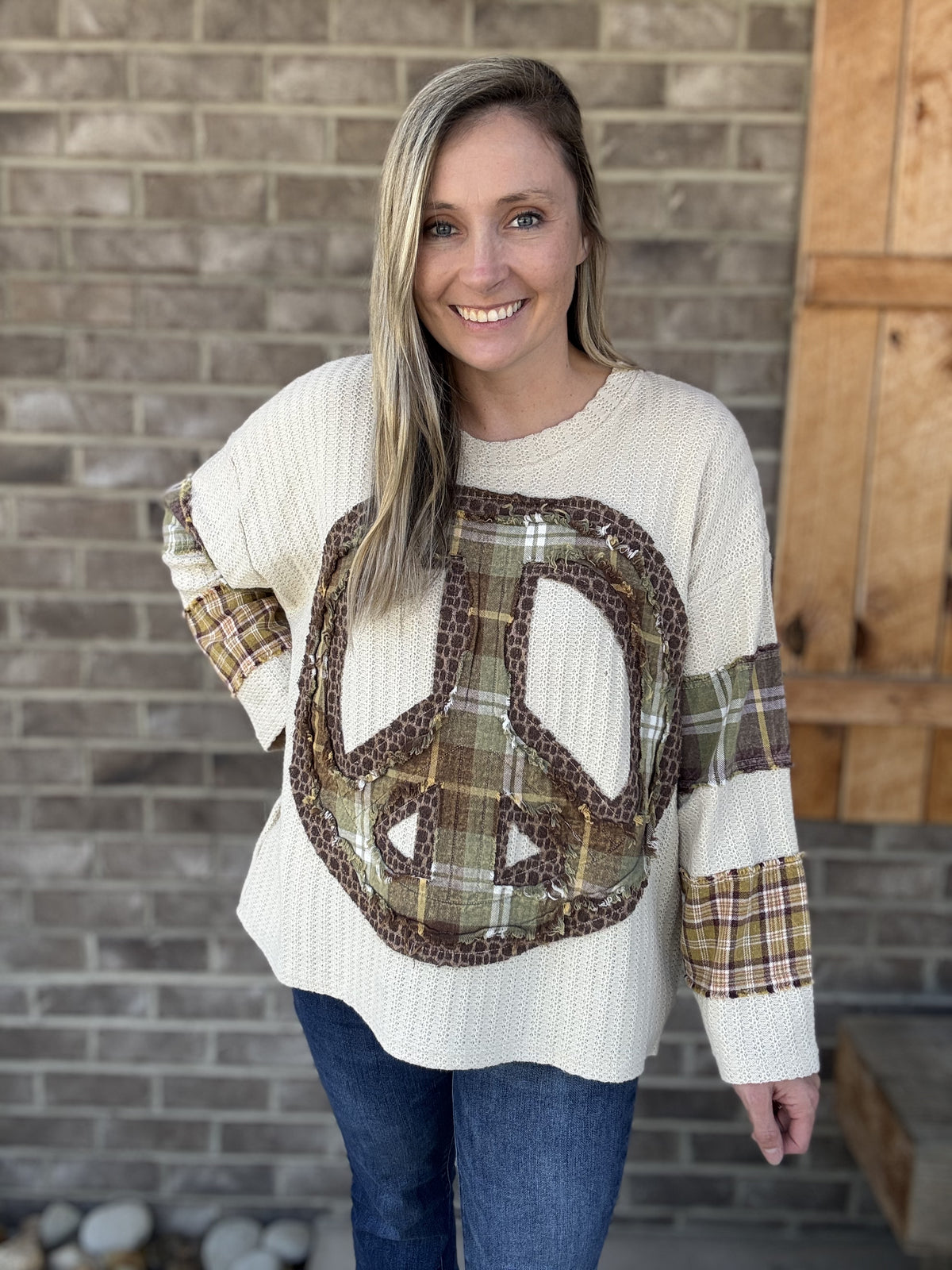 3521- Olive Washed Plaid Mix Flower Patch Long Sleeve Tee