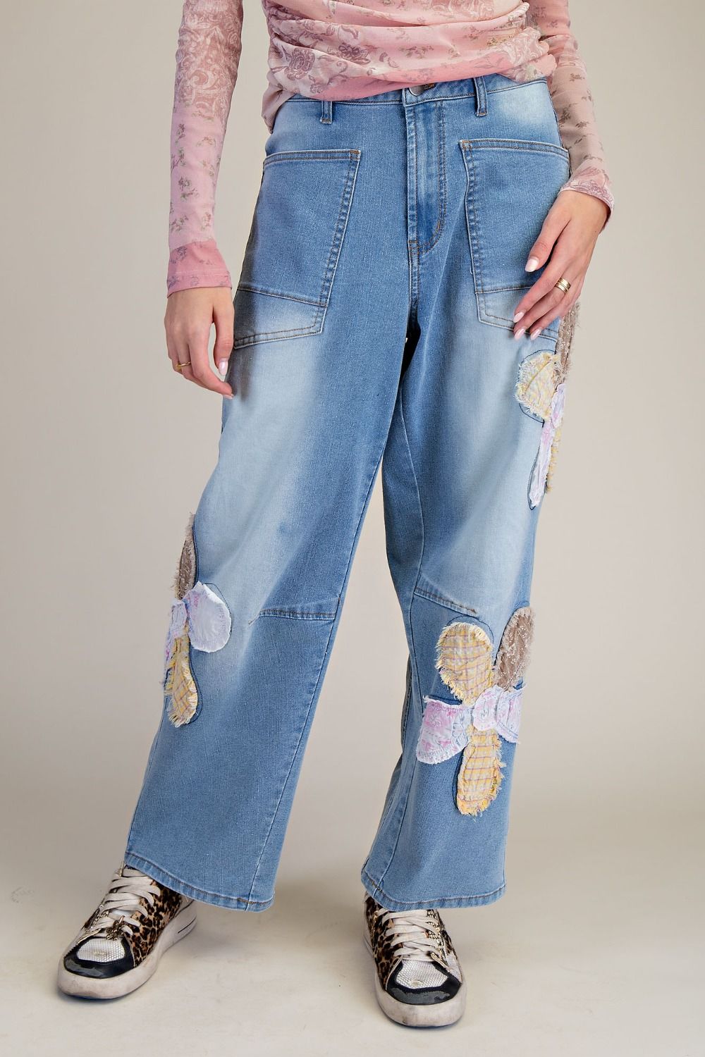 Denim Flower Patch Washed Barrel Pants by Easel