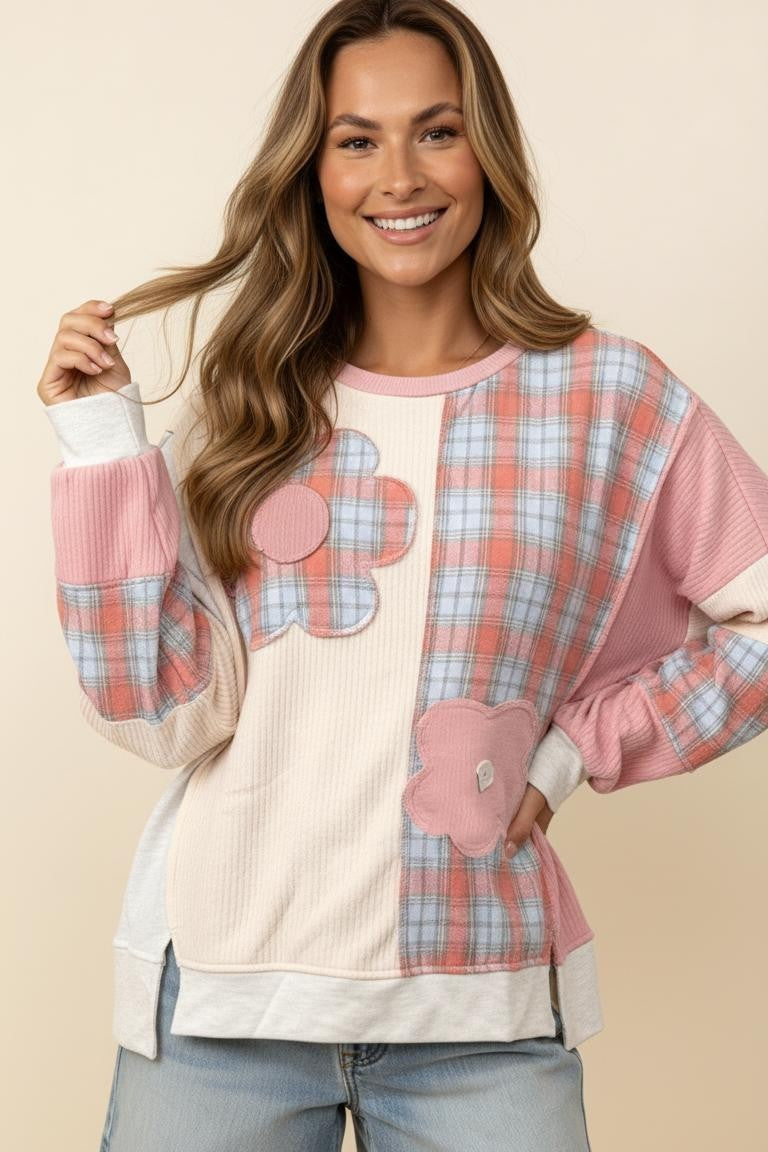 Dusty Rose Flower Patch Plaid Color Block Pullover Top by Haptics