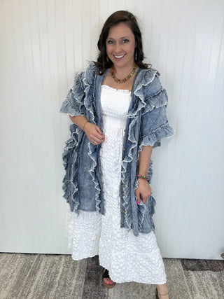 Ruffled Button Down Chambray Poncho Tunic Shirt by BlueVelvet