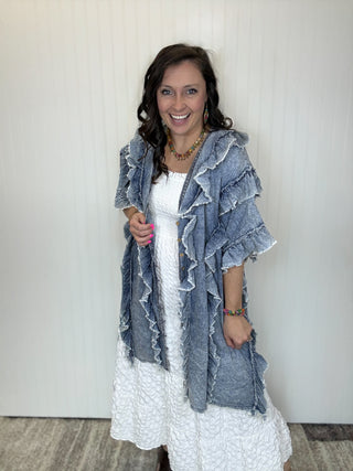 Ruffled Button Down Chambray Poncho Tunic Shirt by BlueVelvet