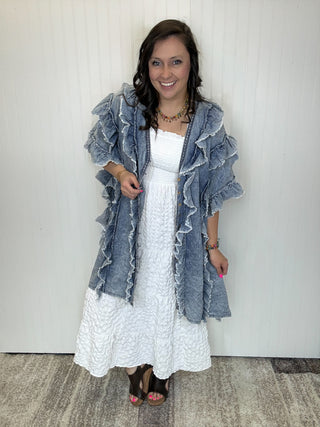 Ruffled Button Down Chambray Poncho Tunic Shirt by BlueVelvet