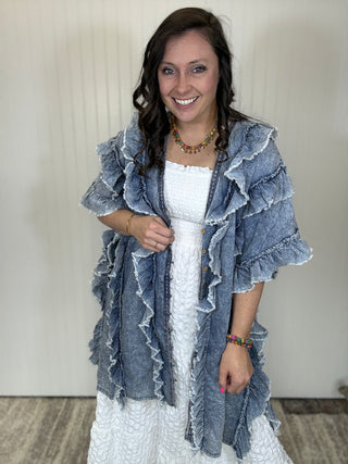 Ruffled Button Down Chambray Poncho Tunic Shirt by BlueVelvet