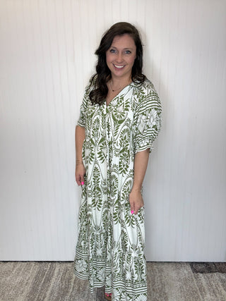 Green Two-Tone Border Print Midi Dress by Umgee