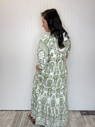 Green Two-Tone Border Print Midi Dress by Umgee