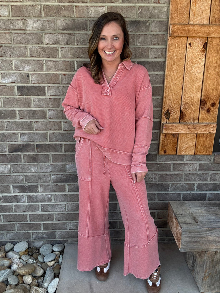 Boho Red Textured Thermal Washed Pullover by Easel