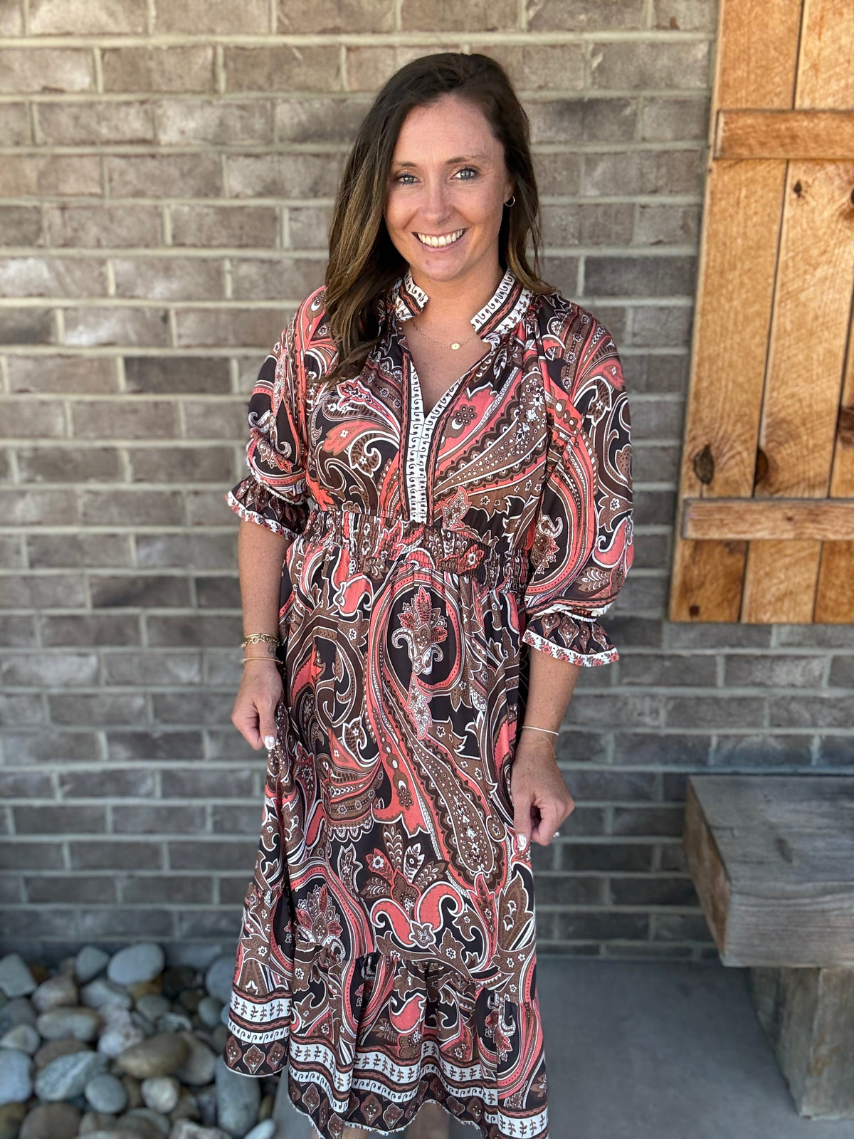 Brown Umgee Exclusive Paisley Print Smocked Waist Midi Dress by Umgee