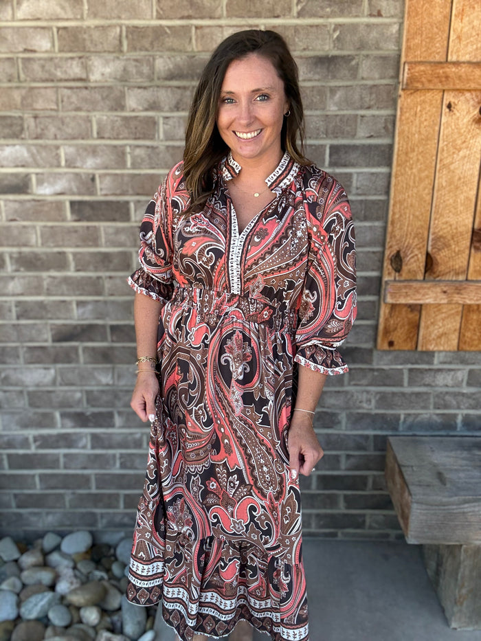 Brown Umgee Exclusive Paisley Print Smocked Waist Midi Dress by Umgee