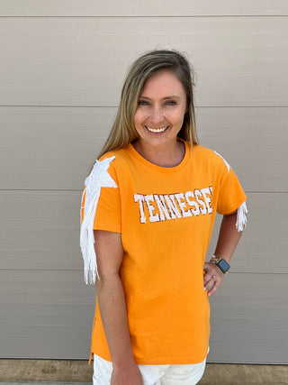 9003- Tennessee Sequin Star w/ Fringe Short Sleeve Top