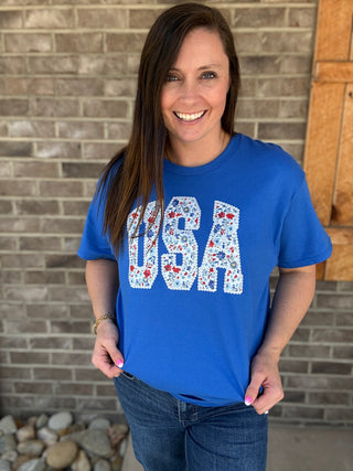 *PREORDER!* Blue USA Floral Patchwork Graphic Tee