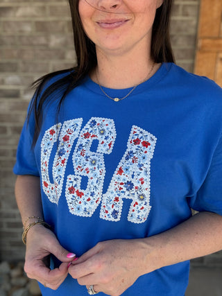 *PREORDER!* Blue USA Floral Patchwork Graphic Tee