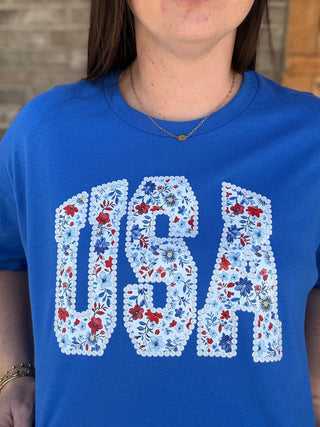 *PREORDER!* Blue USA Floral Patchwork Graphic Tee