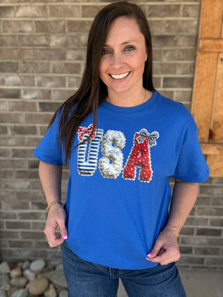 *PREORDER!* USA Red, White, and Blue Bow Patchwork Graphic Tee