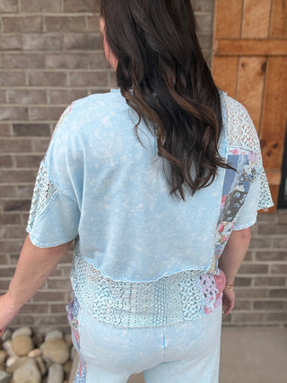 Baby Blue Mineral Washed Lace Spring Bandana Henley Blouse by J. Her