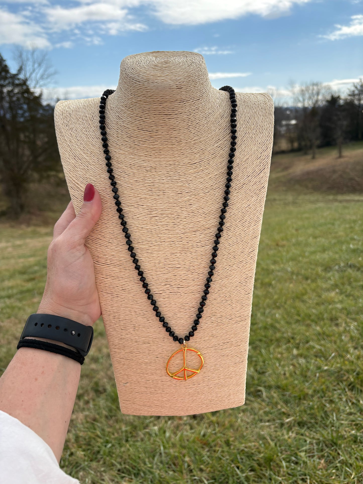 8537- Black Beaded Necklace w/ Peace Pendant