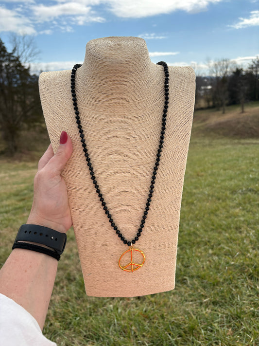 8537- Black Beaded Necklace w/ Peace Pendant