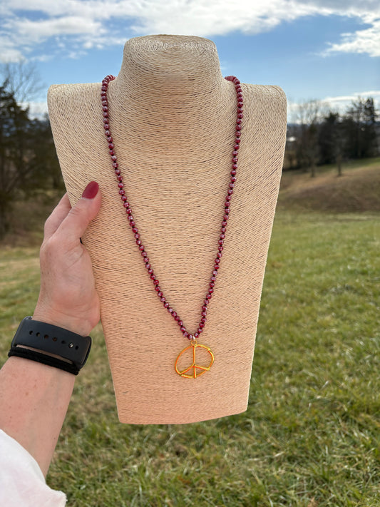 8536- Dark Red Beaded Necklace w/ Peace Pendant