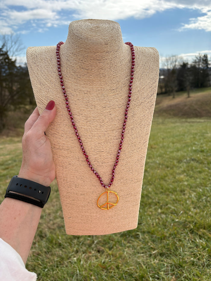 8536- Dark Red Beaded Necklace w/ Peace Pendant