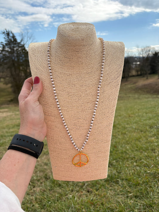 8535- White Beaded Necklace w/ Peace Sign Pendant