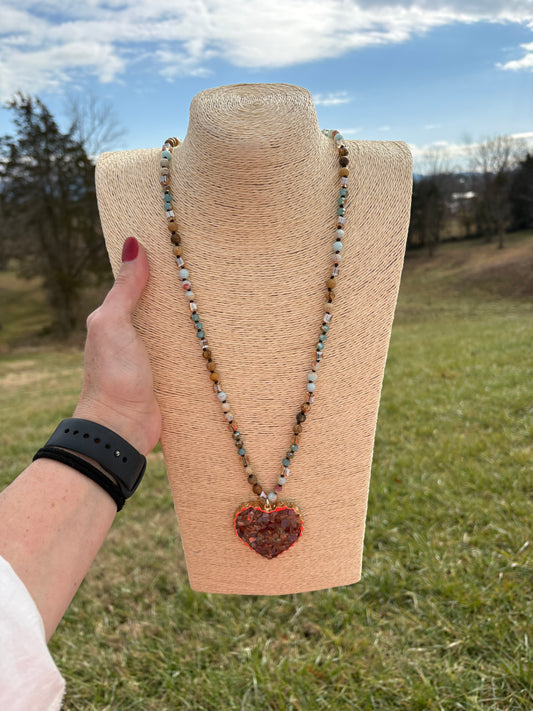 8533- Blue and Neutral Heart Pendant Necklace