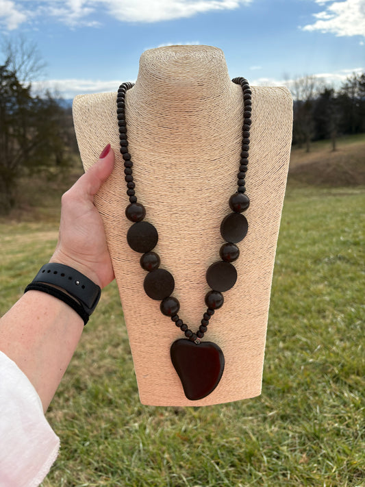 8532- Brown Wooden Heart Long Necklace