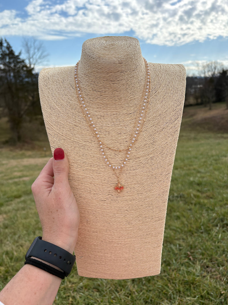 8527- Gold Flower Layer Necklace w/ Pearl Layer