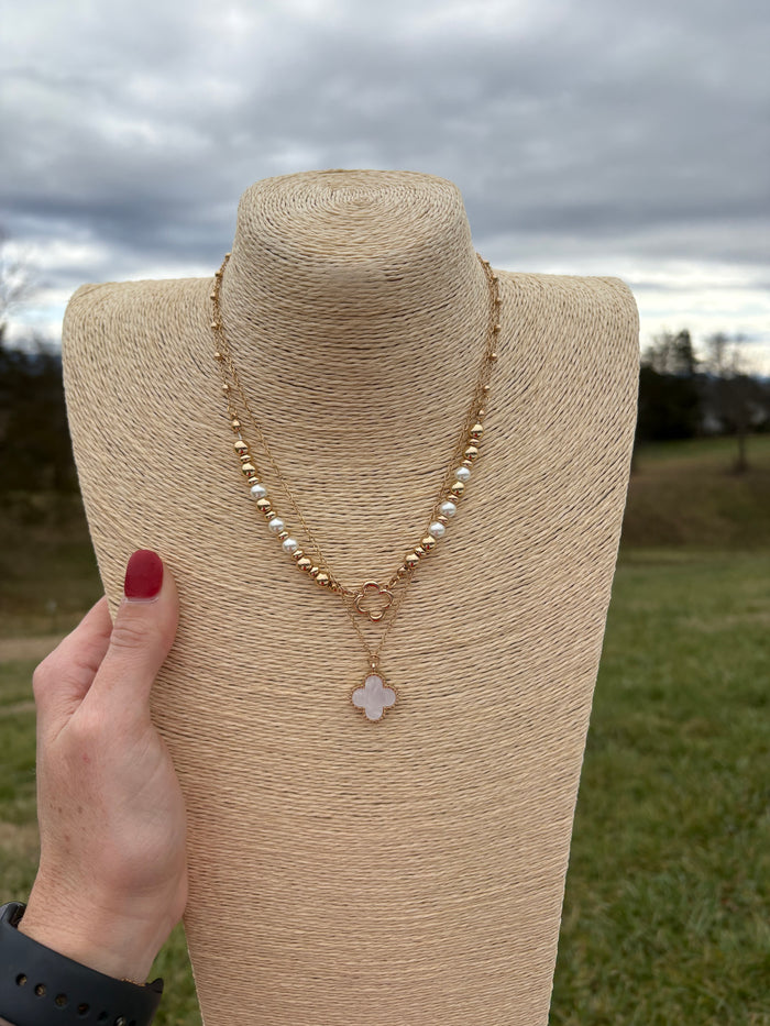 8519- Milky White Flower Pendant Necklace w/ Pearl and Gold Beaded Layers