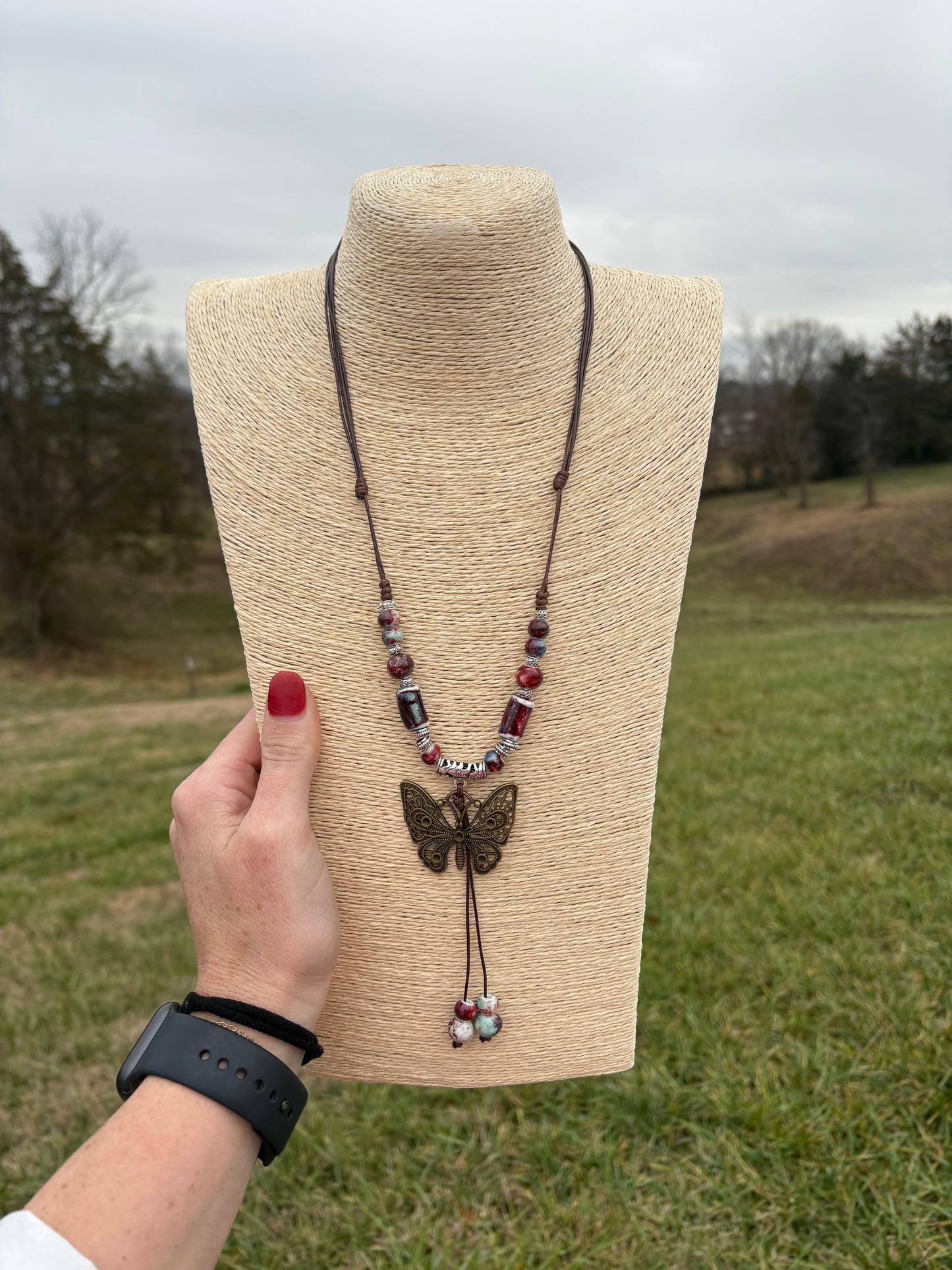 8543- Maroon Multi Color Beaded Butterfly Necklace