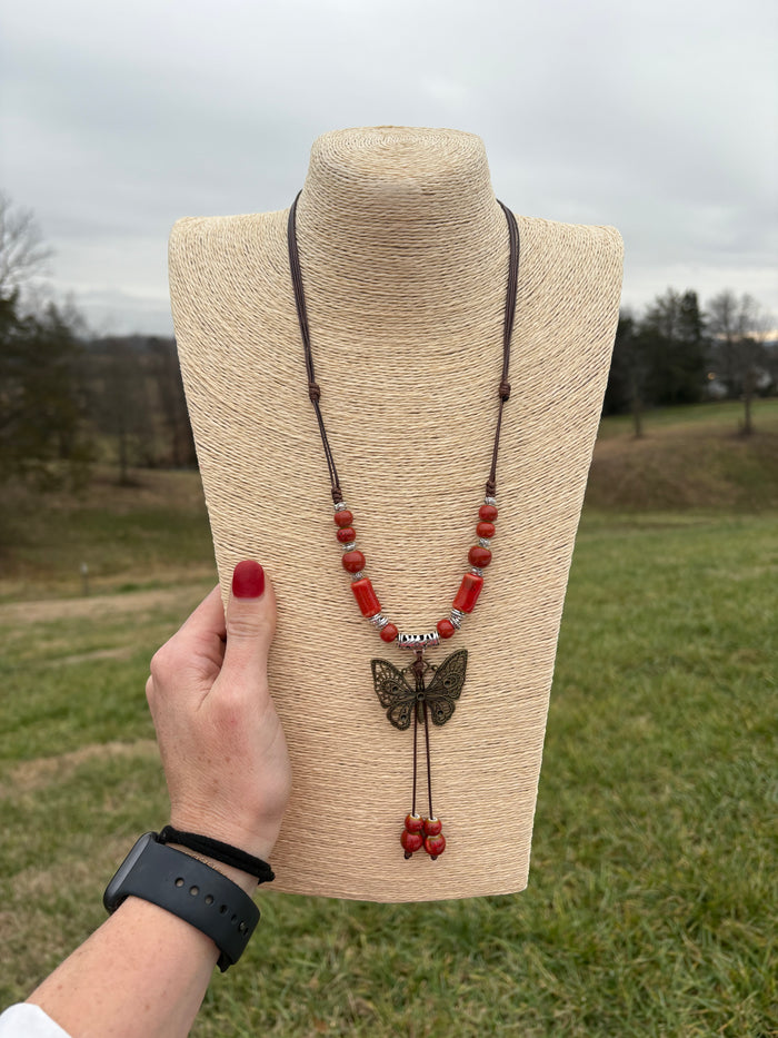 8542- Red Beaded Butterfly Necklae