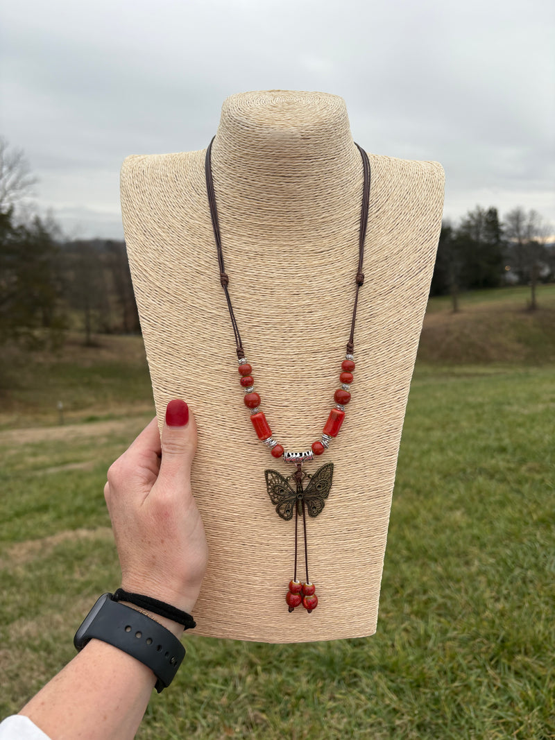 8542- Red Beaded Butterfly Necklae