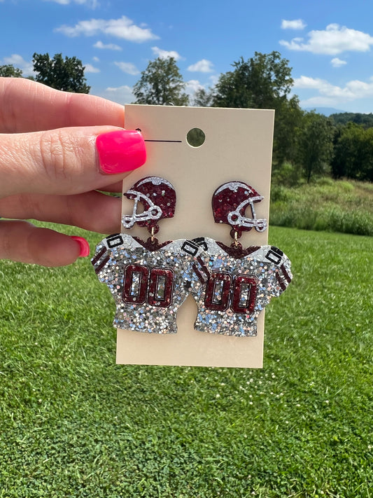 9904- Silver & Maroon Sequence Jersey Earrings