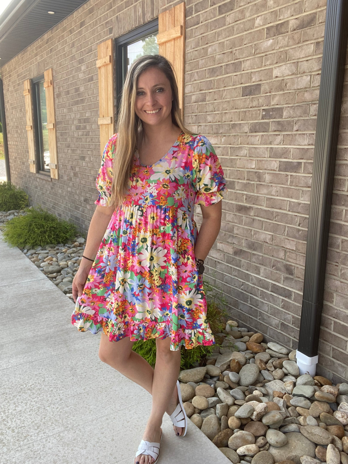 8975- Colorful Flower Print Dress w/ Pockets