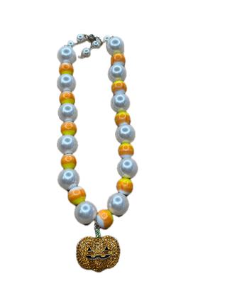 Candy Corn and Pearl Blingy Jack-O-Lantern Necklace | Indigo Blue | PREORDER