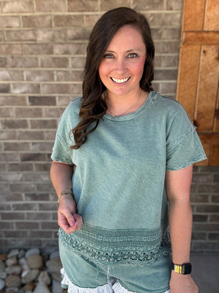 Moss Green Mineral Washed Eyelet Lace Trim Blouse by J. Her