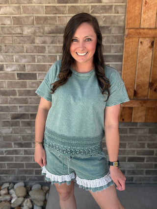 Moss Green Mineral Washed Eyelet Lace Trim Blouse by J. Her