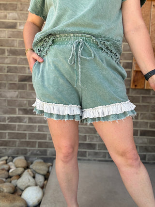 Moss Green Mineral Washed Tiered Lace Fringe Shorts by J. Her